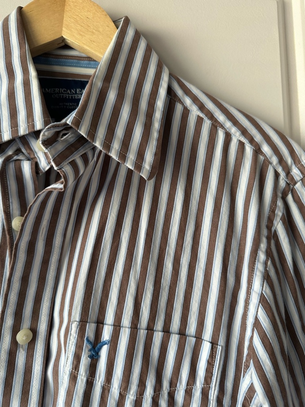 American Eagle Outfitters Brown & White Striped Casual Button-Down Shirt